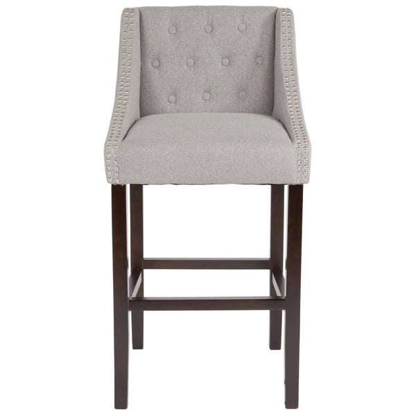 Light Gray Fabric |#| 30inch High Tufted Walnut Barstool with Accent Nail Trim in Light Gray Fabric