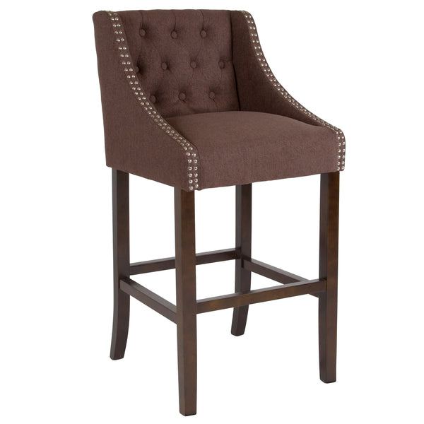 Brown Fabric |#| 30inch High Tufted Walnut Barstool with Accent Nail Trim in Brown Fabric