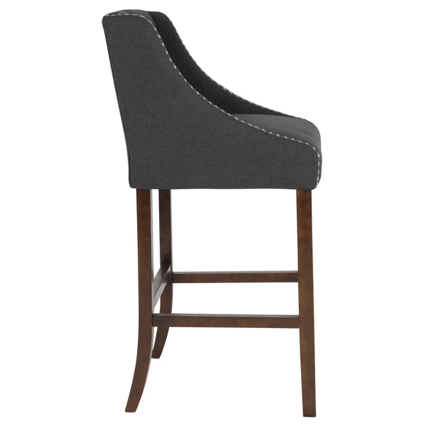 Charcoal Fabric |#| 30inch High Tufted Walnut Barstool with Accent Nail Trim in Charcoal Fabric