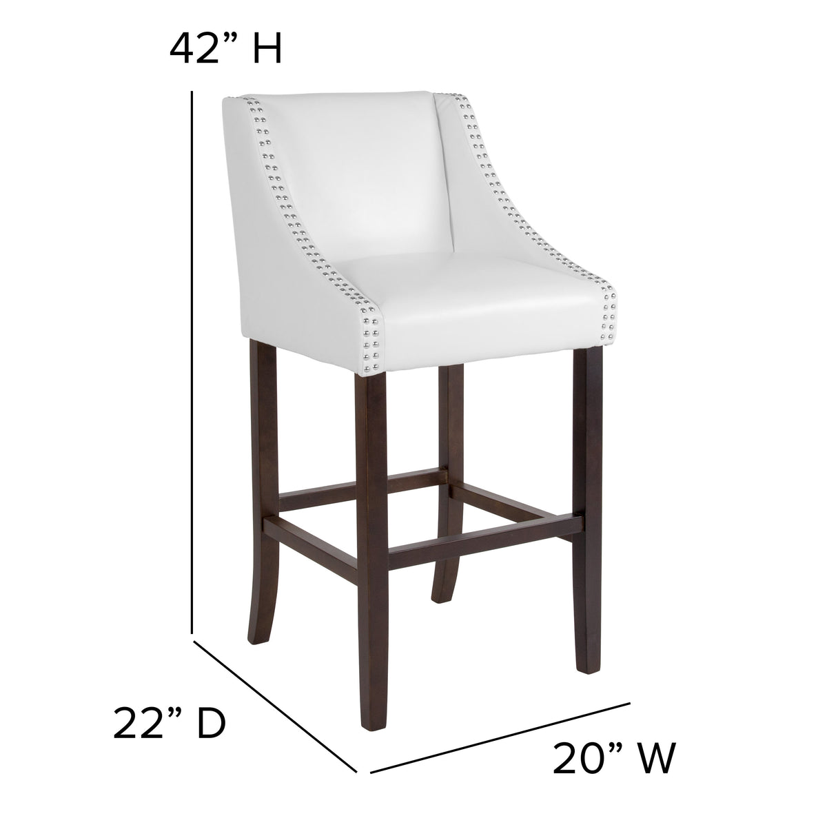 White LeatherSoft |#| 30inch High Transitional Walnut Barstool with Accent Nail Trim in White LeatherSoft