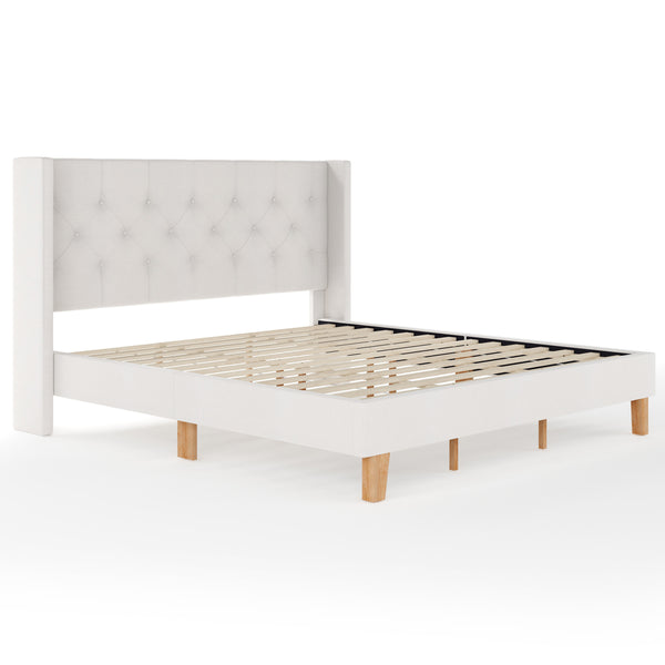 King,King |#| King Size Platform Bed with Tufted Wingback Headboard in White Faux Linen