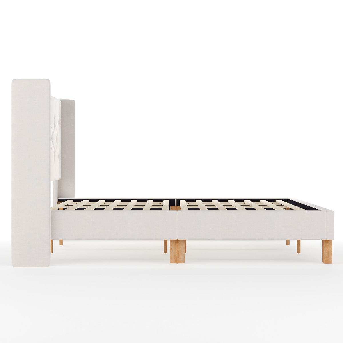 King,King |#| King Size Platform Bed with Tufted Wingback Headboard in White Faux Linen