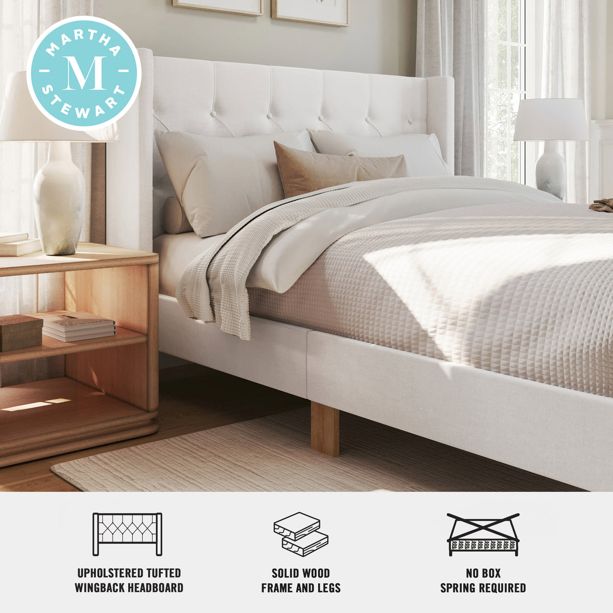 Queen,Queen |#| Queen Size Platform Bed with Tufted Wingback Headboard in White Faux Linen