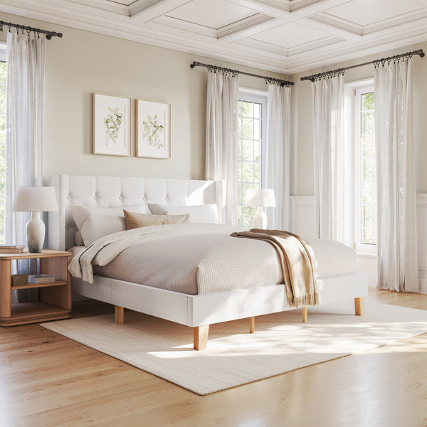 King,King |#| King Size Platform Bed with Tufted Wingback Headboard in White Faux Linen