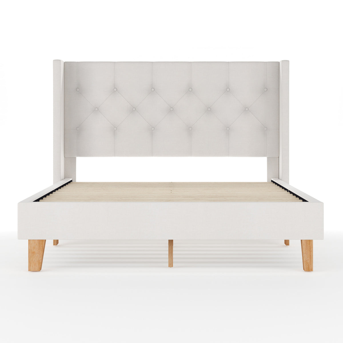 Queen,Queen |#| Queen Size Platform Bed with Tufted Wingback Headboard in White Faux Linen