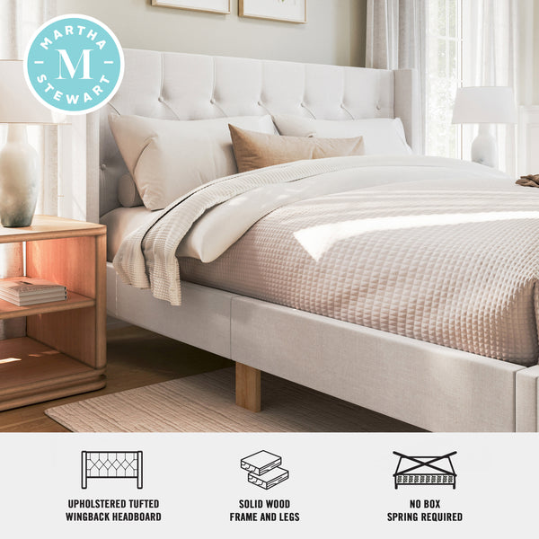 King,King |#| King Size Platform Bed with Tufted Wingback Headboard in White Faux Linen