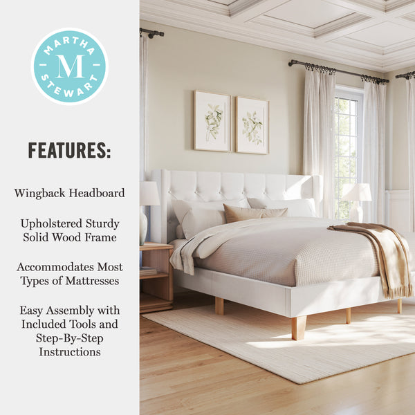 King,King |#| King Size Platform Bed with Tufted Wingback Headboard in White Faux Linen