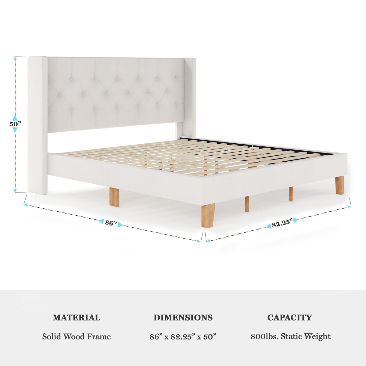 King,King |#| King Size Platform Bed with Tufted Wingback Headboard in White Faux Linen
