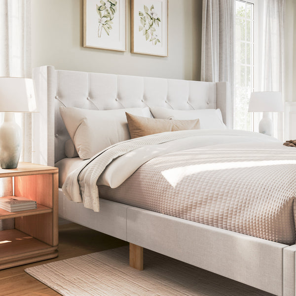 King,King |#| King Size Platform Bed with Tufted Wingback Headboard in White Faux Linen
