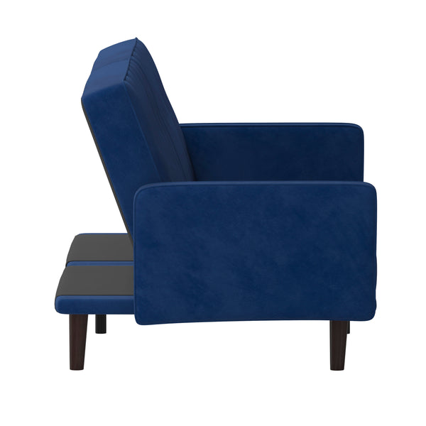 Navy |#| Convertible Split Back Tufted Futon Sofa with Wooden Legs in Navy Velvet