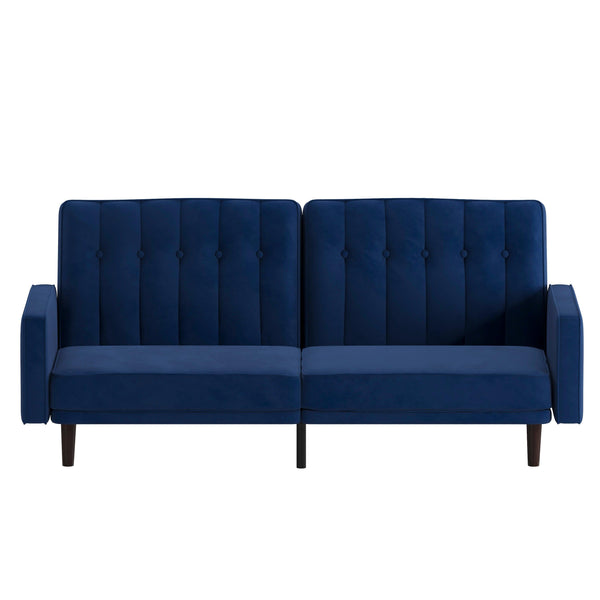 Navy |#| Convertible Split Back Tufted Futon Sofa with Wooden Legs in Navy Velvet
