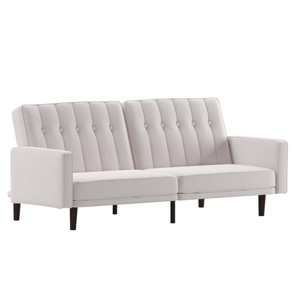Stone |#| Convertible Split Back Tufted Futon Sofa with Wooden Legs in Stone Faux Linen
