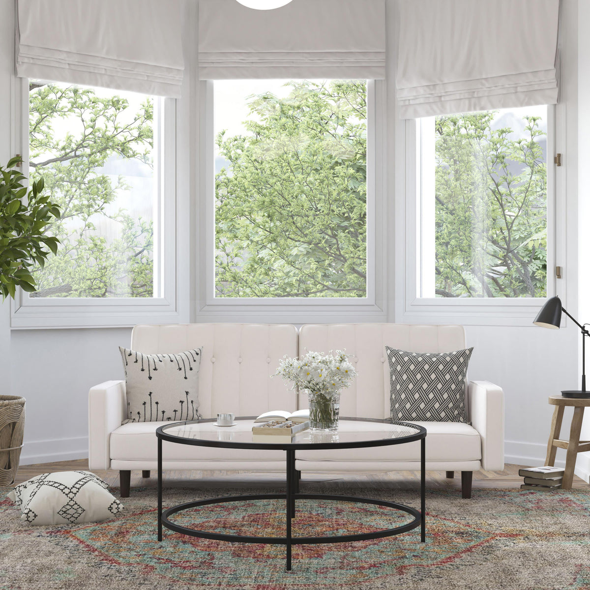Stone |#| Convertible Split Back Tufted Futon Sofa with Wooden Legs in Stone Faux Linen