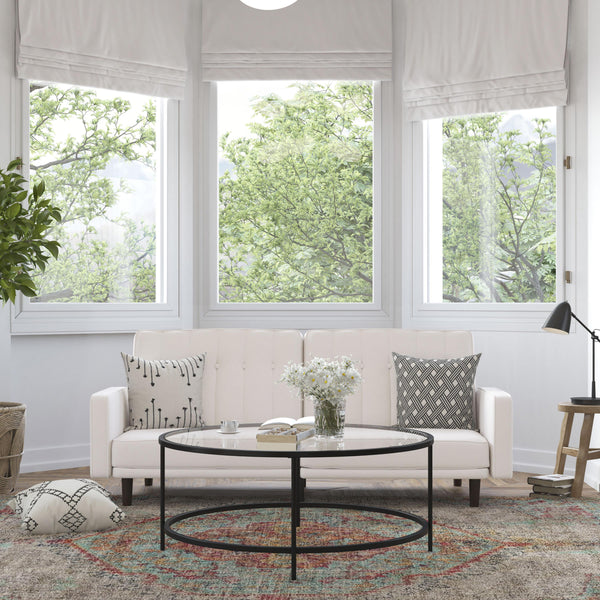 Stone |#| Convertible Split Back Tufted Futon Sofa with Wooden Legs in Stone Faux Linen