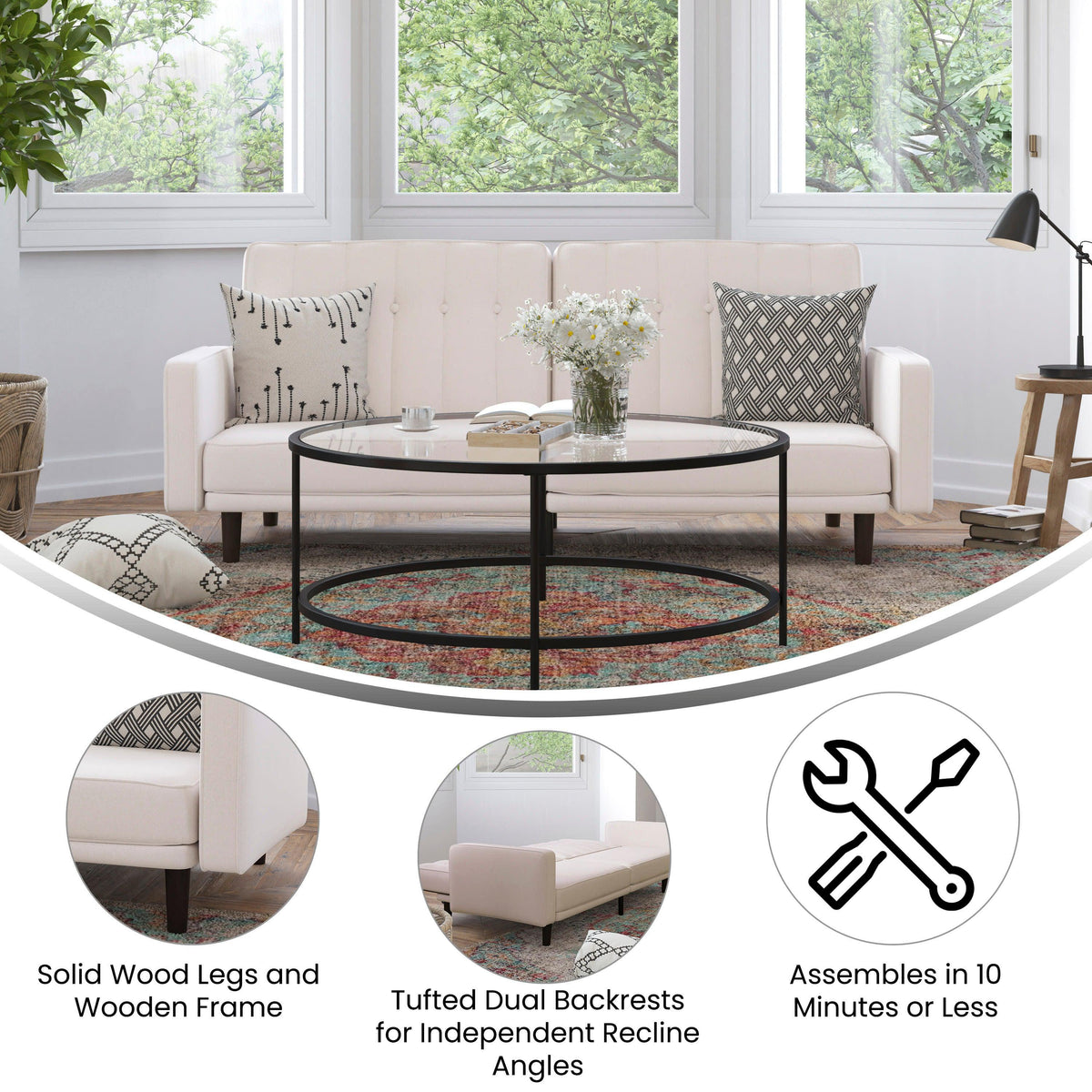 Stone |#| Convertible Split Back Tufted Futon Sofa with Wooden Legs in Stone Faux Linen