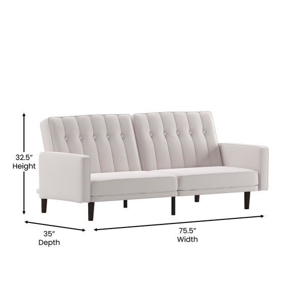 Stone |#| Convertible Split Back Tufted Futon Sofa with Wooden Legs in Stone Faux Linen