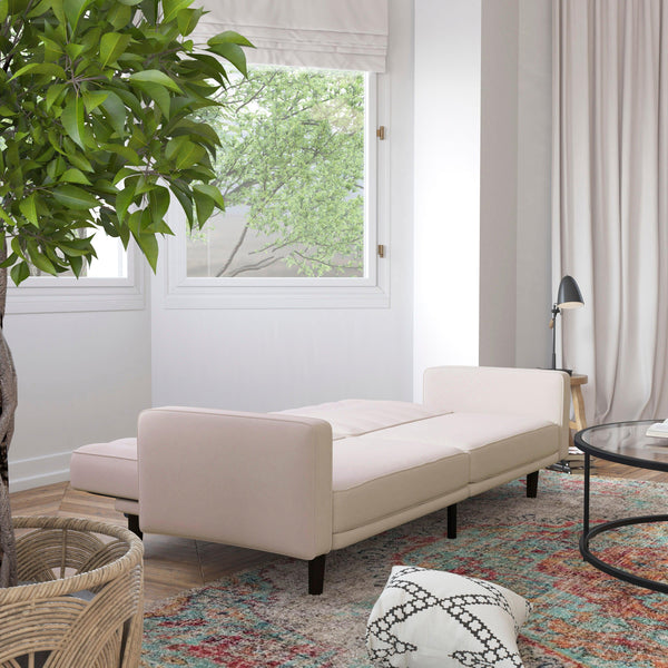 Stone |#| Convertible Split Back Tufted Futon Sofa with Wooden Legs in Stone Faux Linen