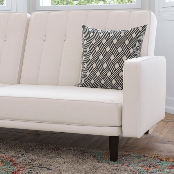 Stone |#| Convertible Split Back Tufted Futon Sofa with Wooden Legs in Stone Faux Linen