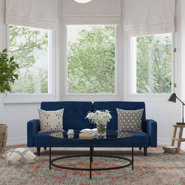 Navy |#| Convertible Split Back Tufted Futon Sofa with Wooden Legs in Navy Velvet