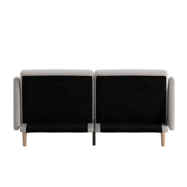 Stone |#| Convertible Split Back Tufted Futon Sofa with Wooden Legs in Stone Faux Linen