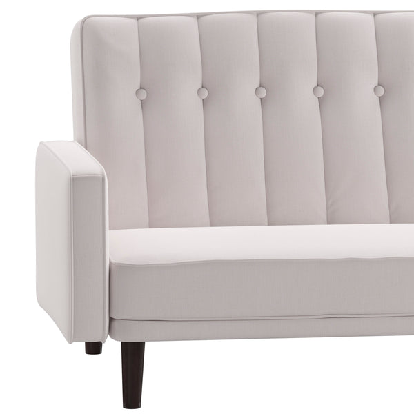 Stone |#| Convertible Split Back Tufted Futon Sofa with Wooden Legs in Stone Faux Linen