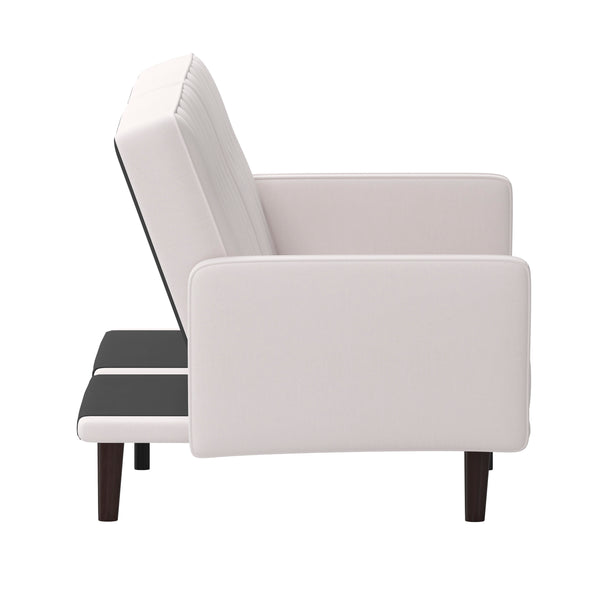 Stone |#| Convertible Split Back Tufted Futon Sofa with Wooden Legs in Stone Faux Linen