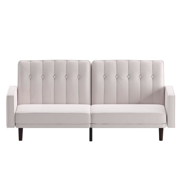 Stone |#| Convertible Split Back Tufted Futon Sofa with Wooden Legs in Stone Faux Linen
