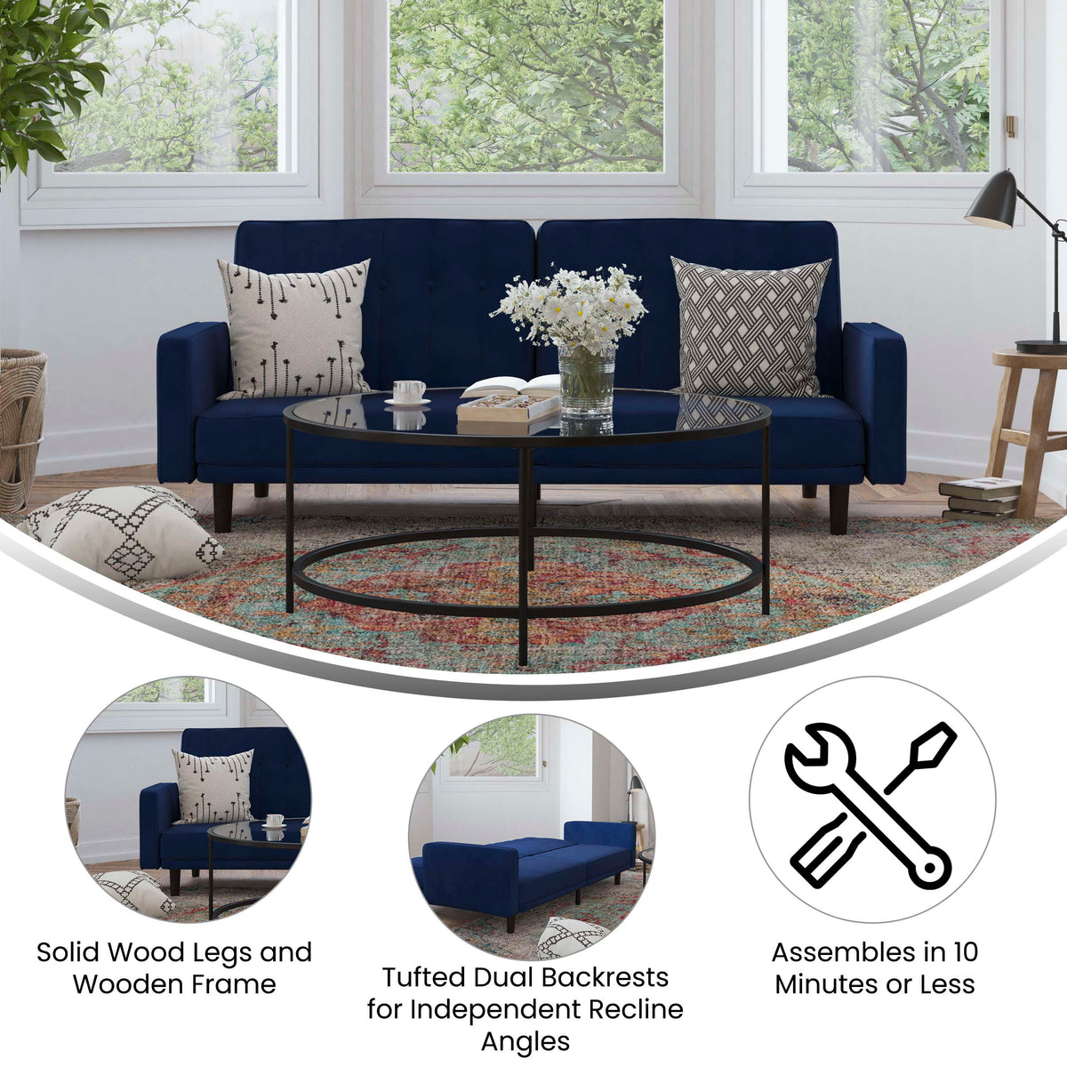 Navy |#| Convertible Split Back Tufted Futon Sofa with Wooden Legs in Navy Velvet