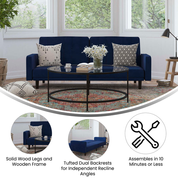 Navy |#| Convertible Split Back Tufted Futon Sofa with Wooden Legs in Navy Velvet