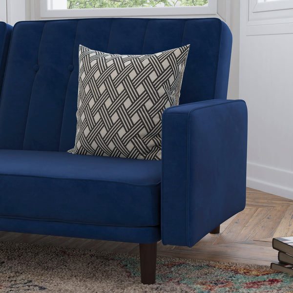 Navy |#| Convertible Split Back Tufted Futon Sofa with Wooden Legs in Navy Velvet