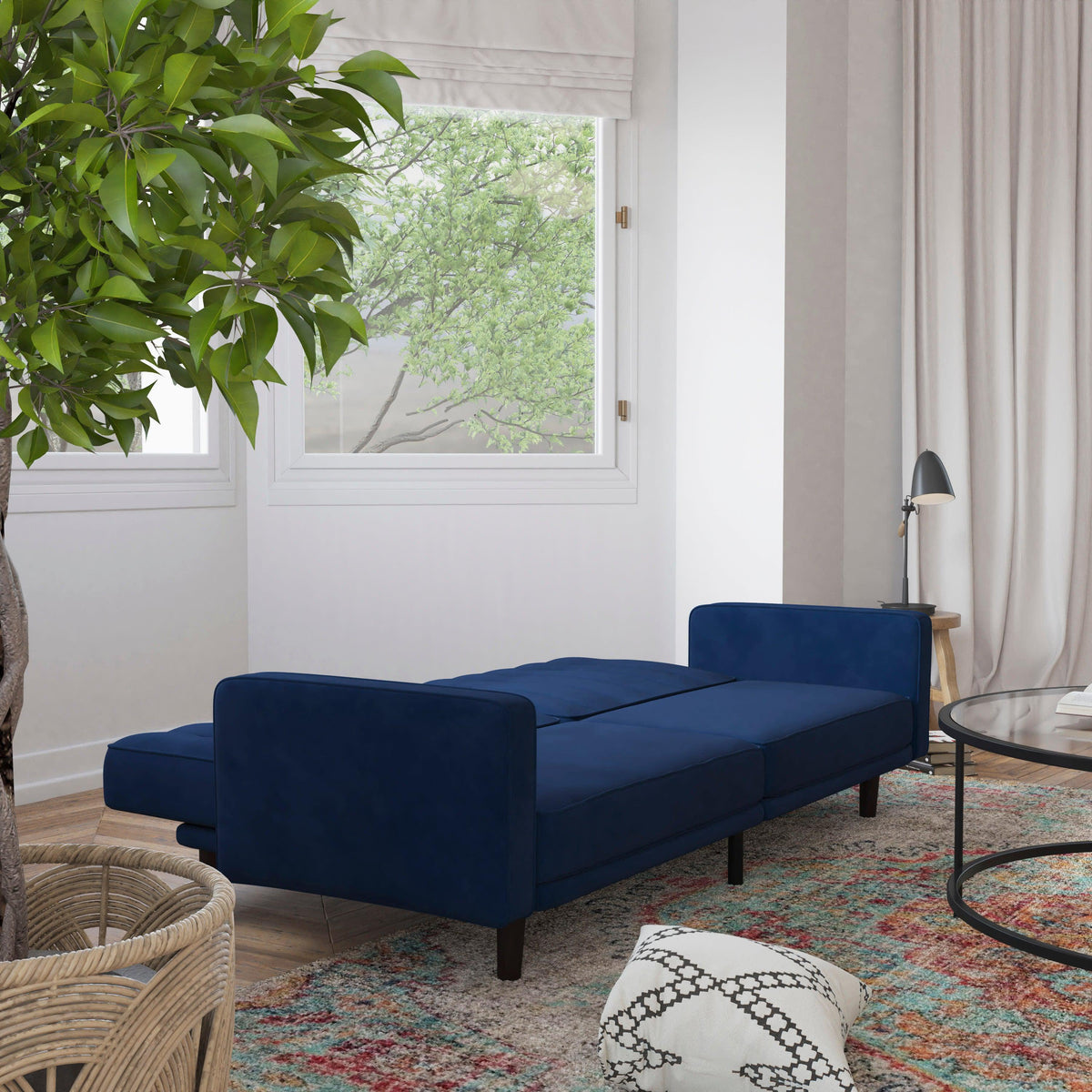 Navy |#| Convertible Split Back Tufted Futon Sofa with Wooden Legs in Navy Velvet