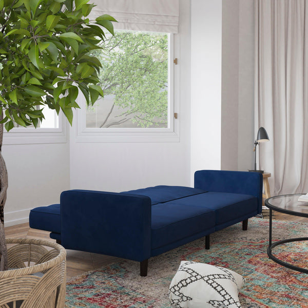 Navy |#| Convertible Split Back Tufted Futon Sofa with Wooden Legs in Navy Velvet