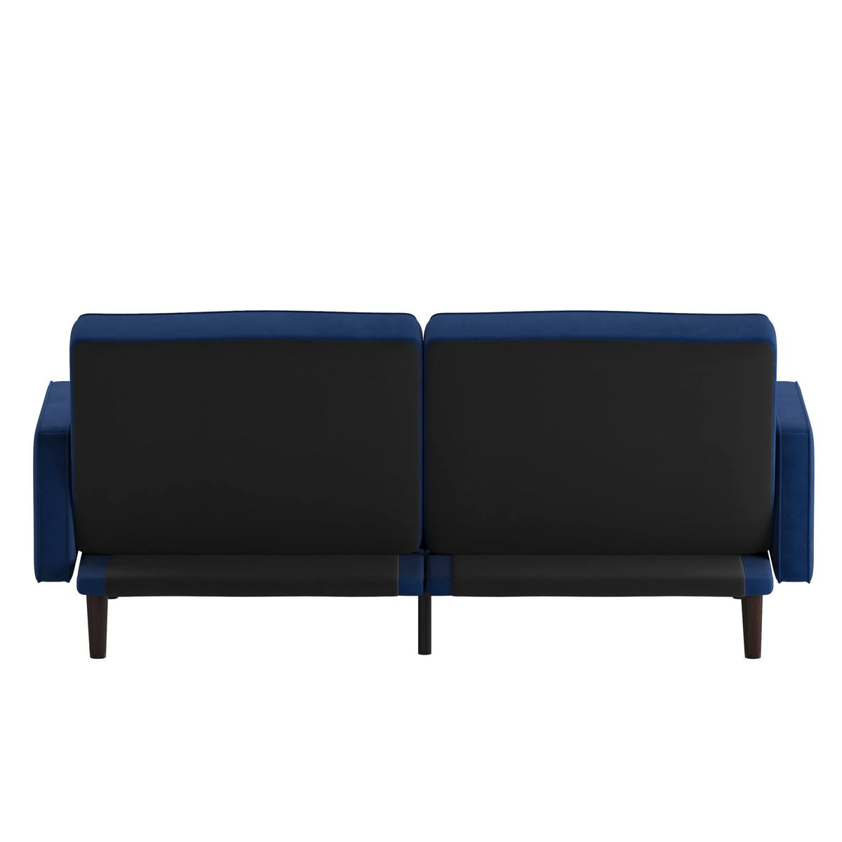 Navy |#| Convertible Split Back Tufted Futon Sofa with Wooden Legs in Navy Velvet