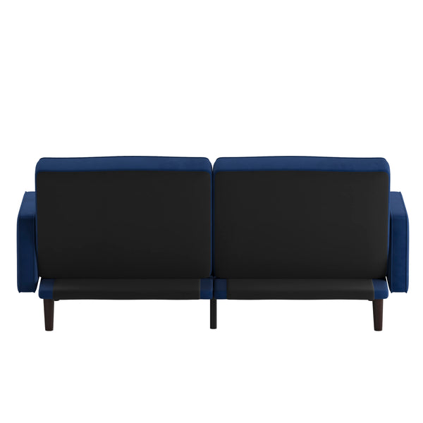 Navy |#| Convertible Split Back Tufted Futon Sofa with Wooden Legs in Navy Velvet