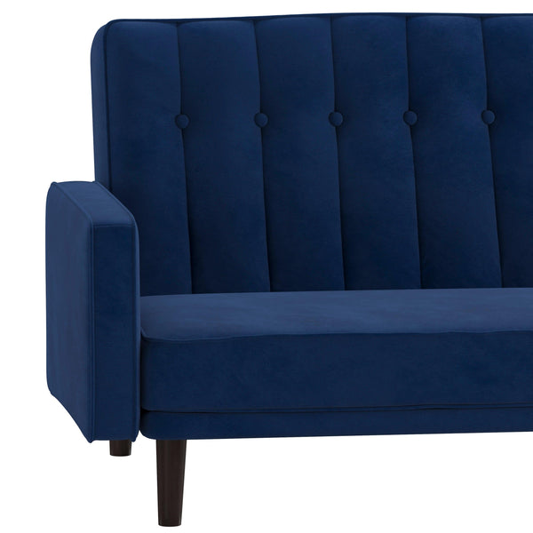Navy |#| Convertible Split Back Tufted Futon Sofa with Wooden Legs in Navy Velvet