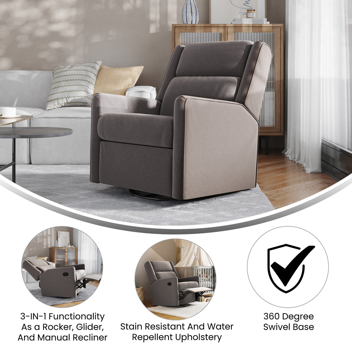 Dark Gray |#| Manual Rocking Recliner Chair with 360° Swivel and Gliding Motion in Dark Gray