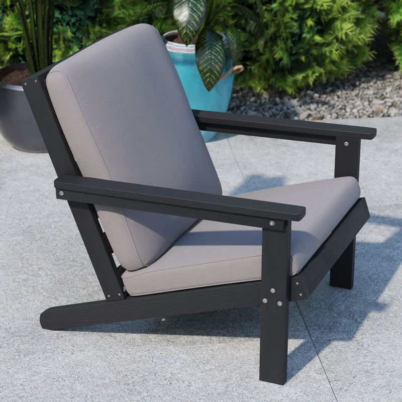 Black/Charcoal |#| All-Weather Poly Resin Adirondack Style Chair & Cushions - Black/Charcoal