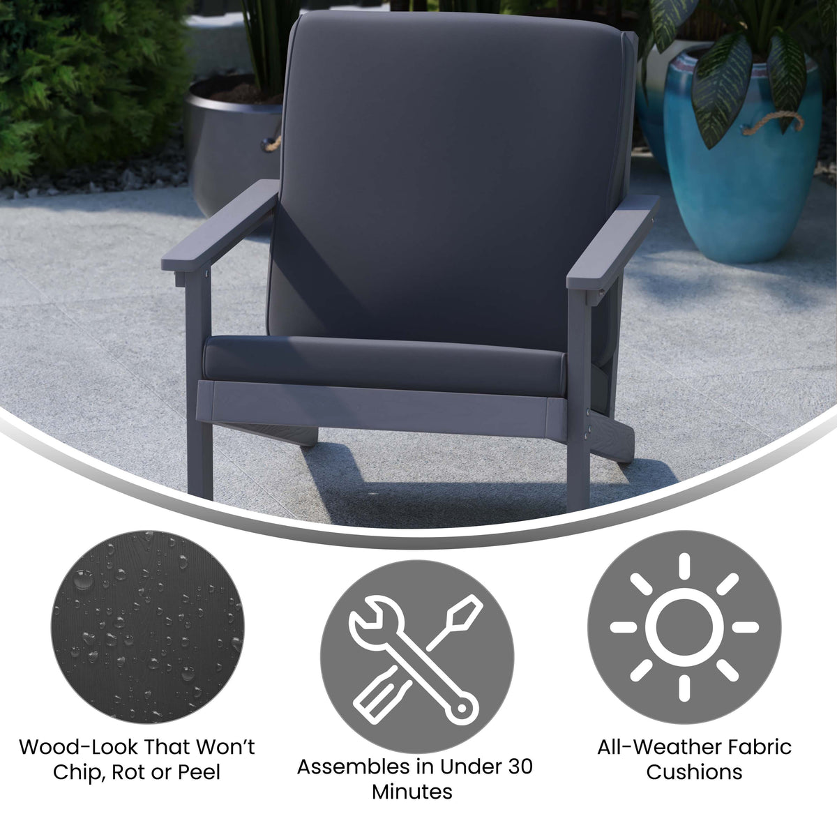 Gray |#| All-Weather Poly Resin Adirondack Style Chair & Cushions - Gray/Gray
