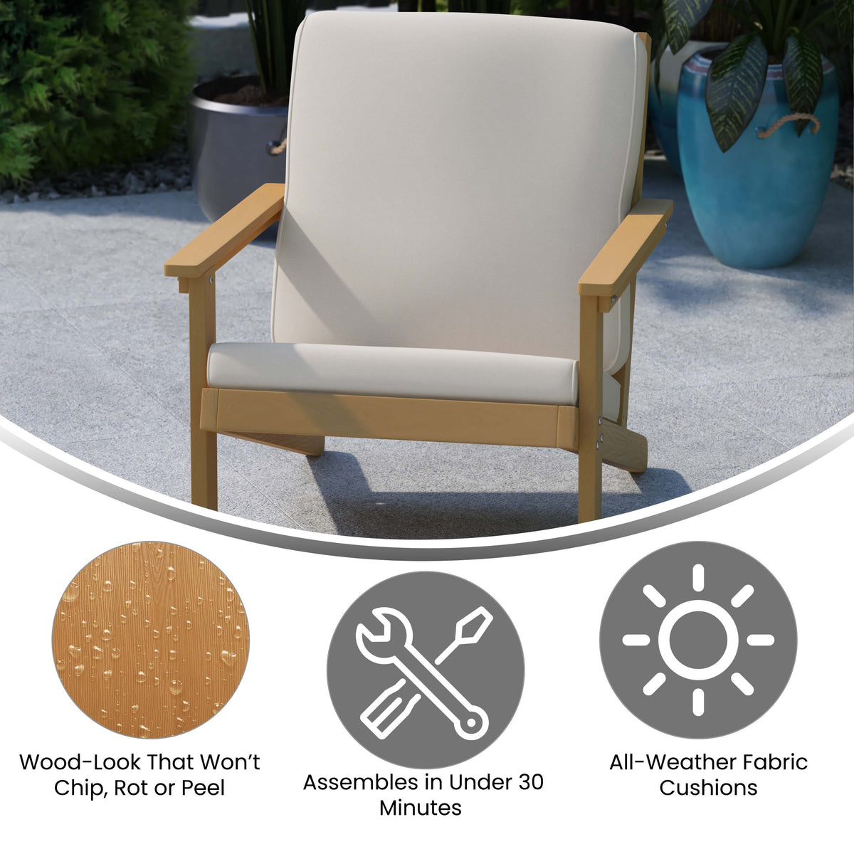 Natural Cedar/Cream |#| All-Weather Poly Resin Adirondack Style Chair & Cushions - Natural Cedar/Cream