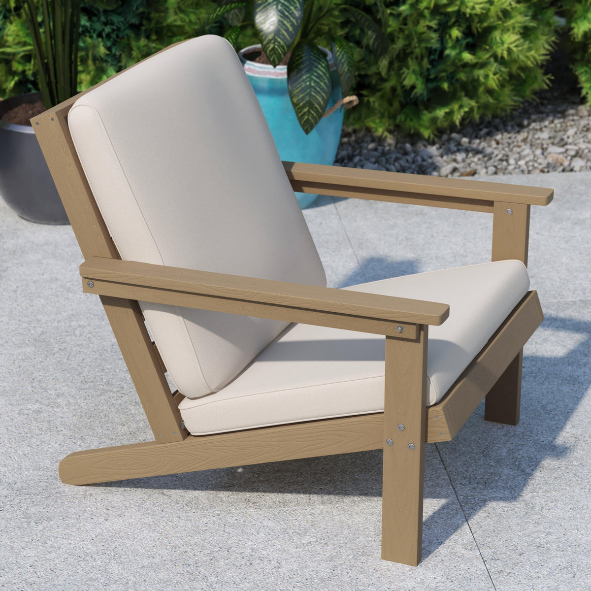 Natural Cedar/Cream |#| All-Weather Poly Resin Adirondack Style Chair & Cushions - Natural Cedar/Cream