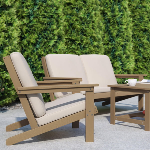 Natural Cedar/Cream |#| All-Weather Poly Resin Adirondack Style Chair & Cushions - Natural Cedar/Cream