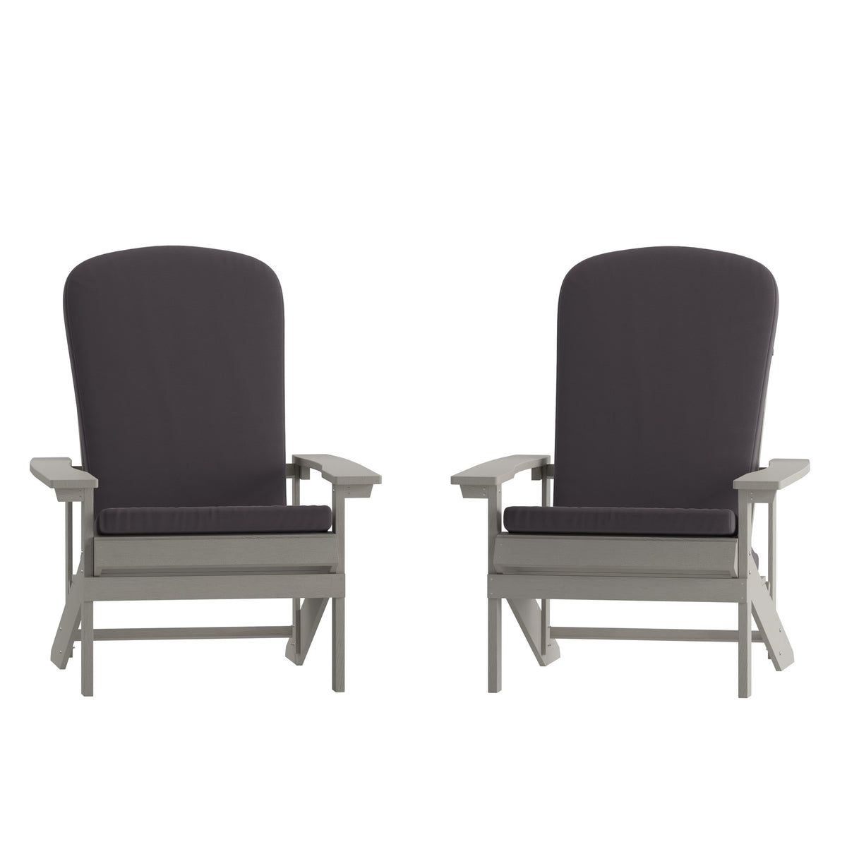 Gray |#| Indoor/Outdoor Light Gray Adirondack Chairs with Gray Cushions - Set of 2