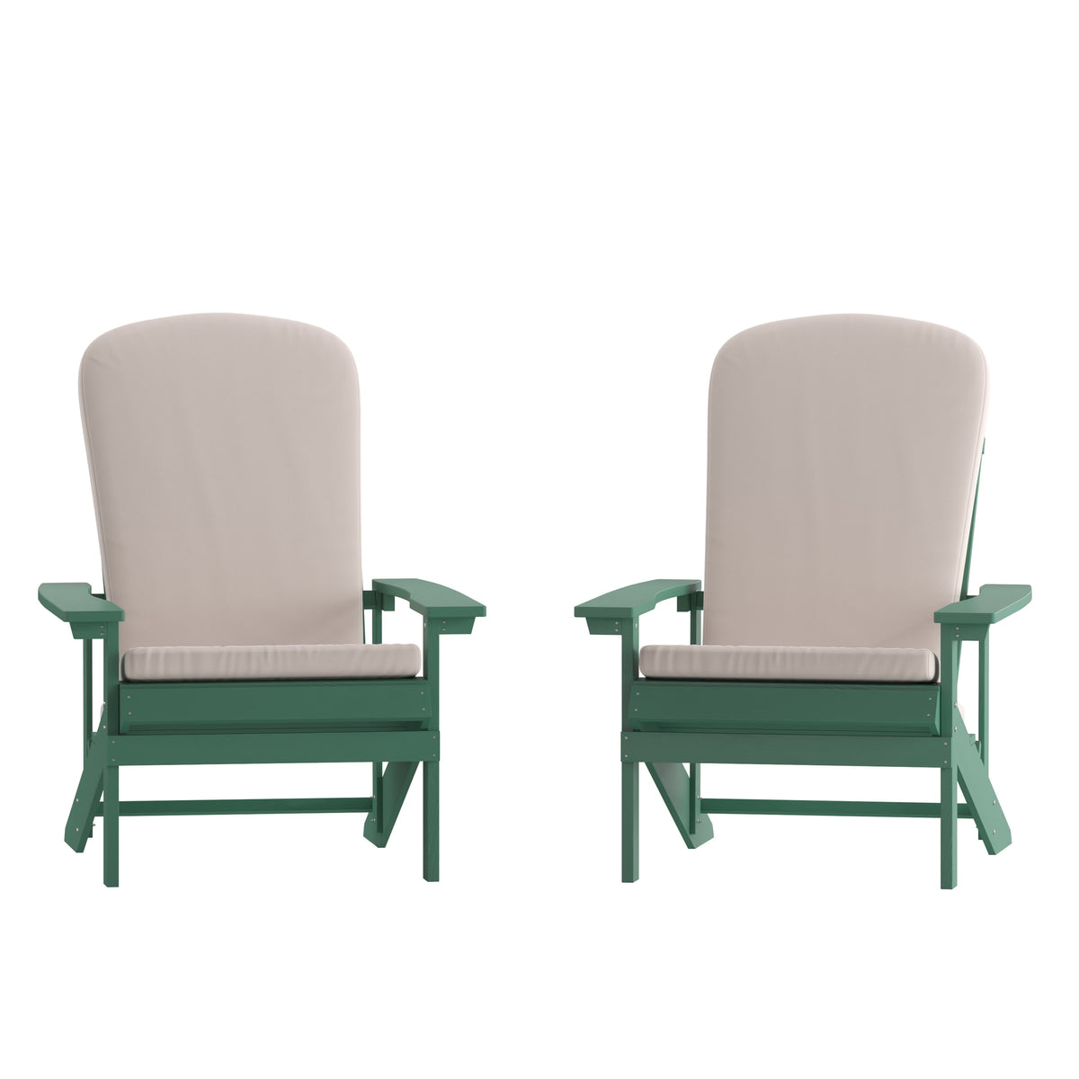 Green/Cream |#| Indoor/Outdoor Green Adirondack Chairs with Cream Cushions - Set of 2