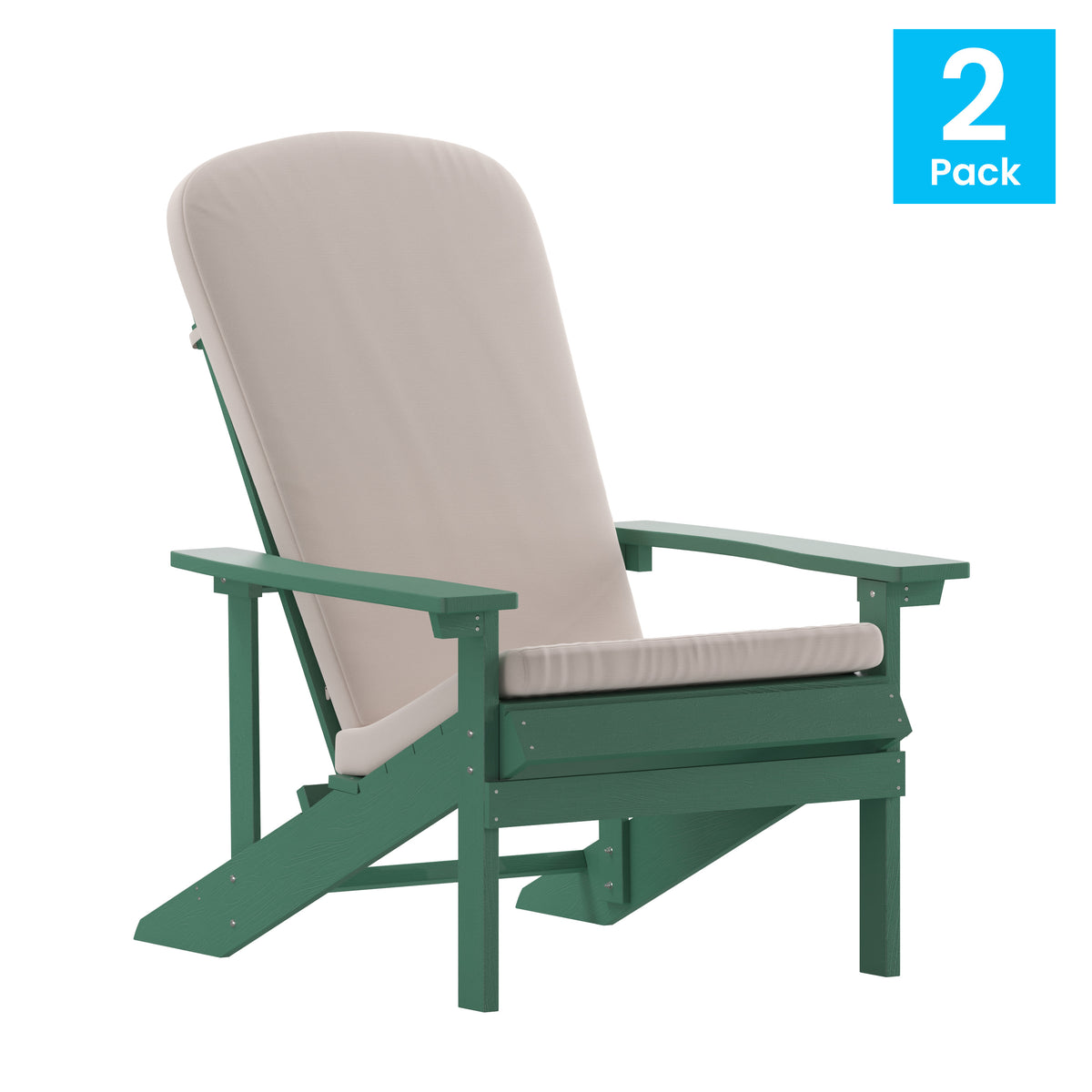 Green/Cream |#| Indoor/Outdoor Green Adirondack Chairs with Cream Cushions - Set of 2