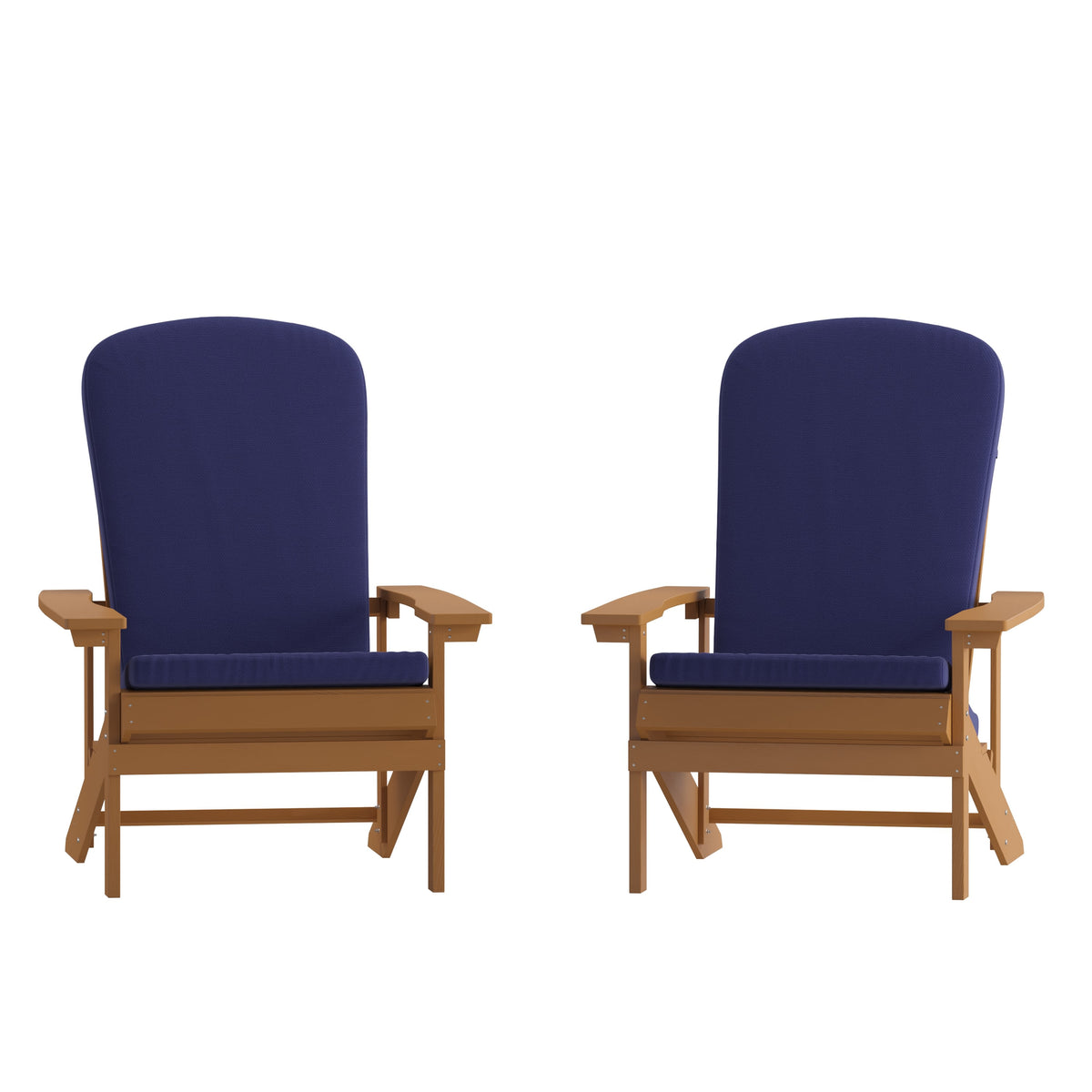 Teak/Blue |#| Indoor/Outdoor Teak Adirondack Chairs with Blue Cushions - Set of 2