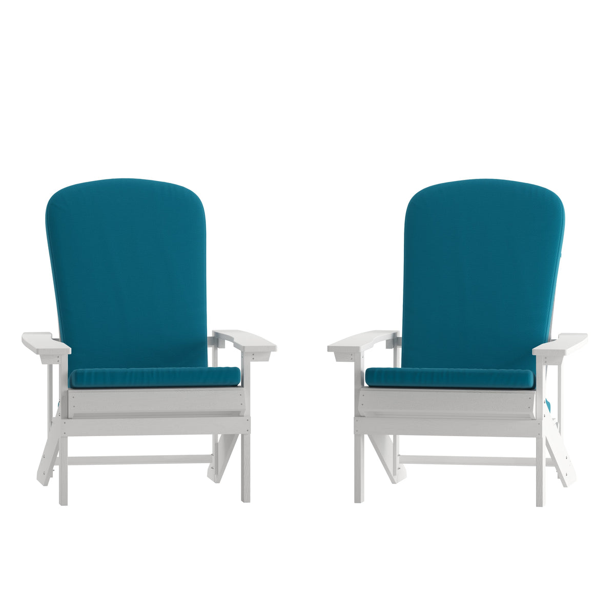 White/Teal |#| Indoor/Outdoor White Adirondack Chairs with Teal Cushions - Set of 2