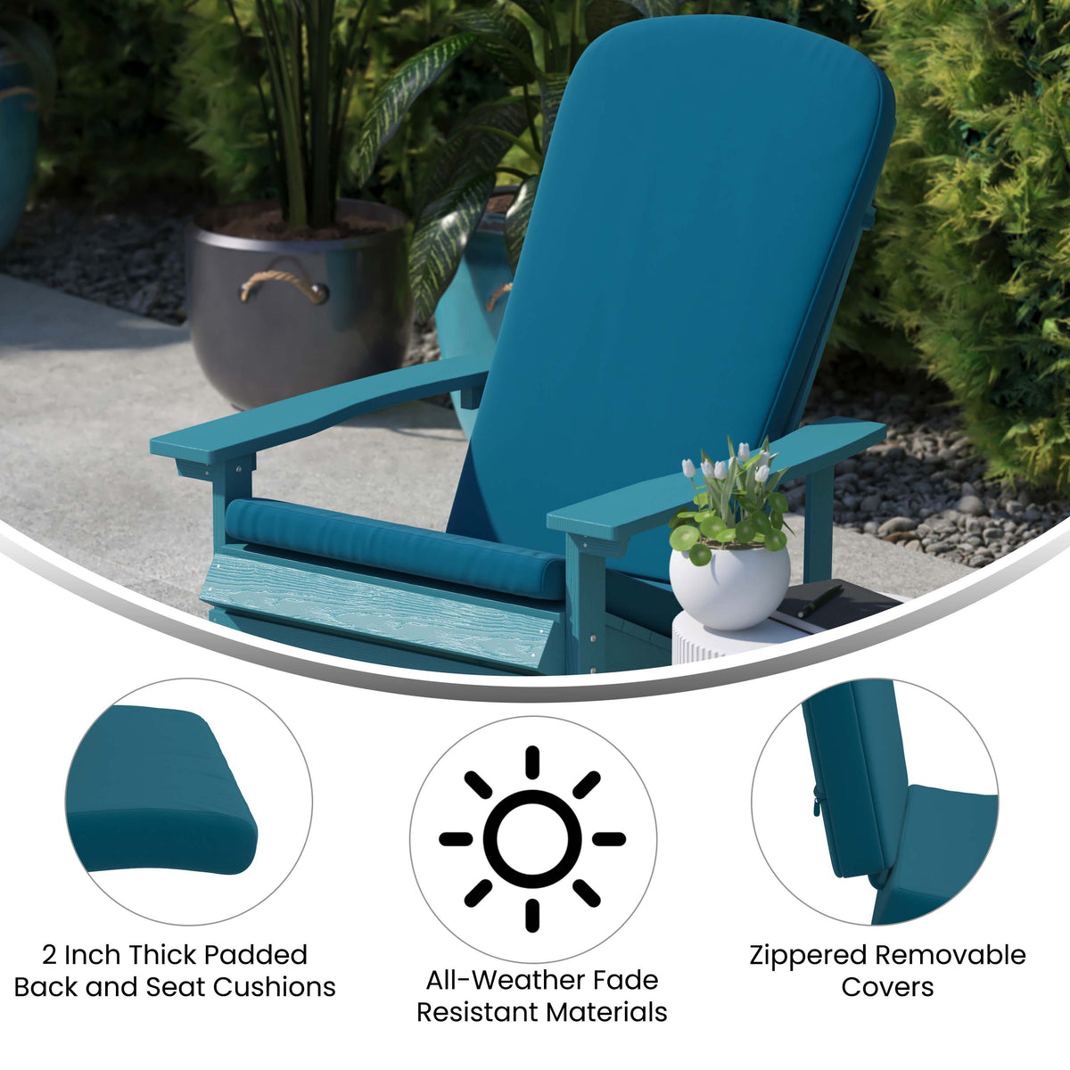 White/Teal |#| Indoor/Outdoor White Adirondack Chairs with Teal Cushions - Set of 2