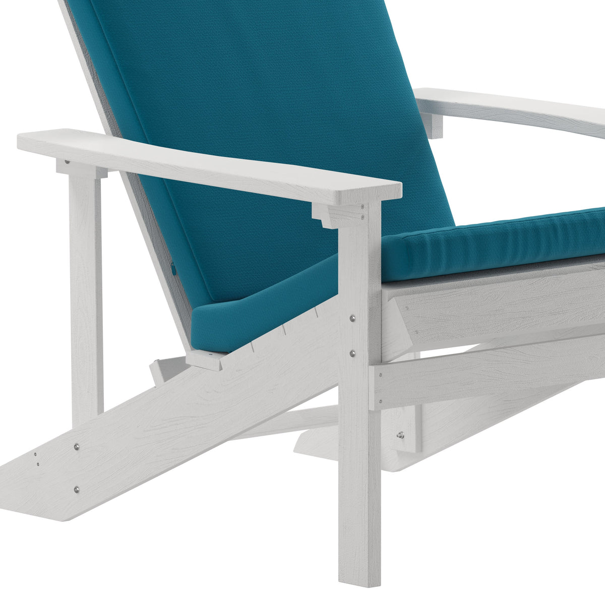 White/Teal |#| Indoor/Outdoor White Adirondack Chairs with Teal Cushions - Set of 2