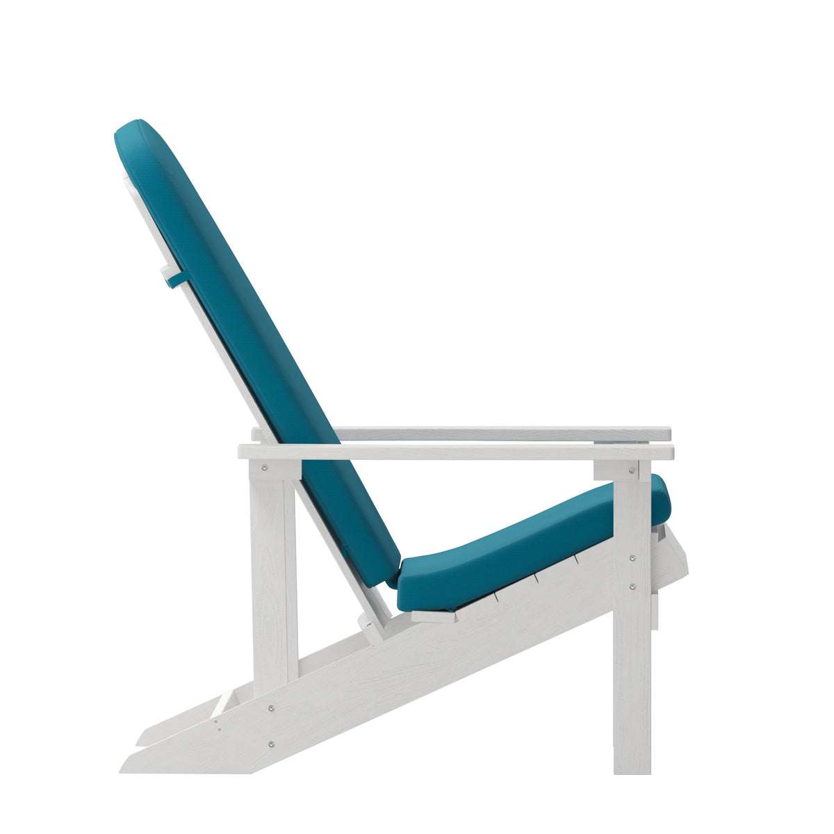 White/Teal |#| Indoor/Outdoor White Adirondack Chairs with Teal Cushions - Set of 2