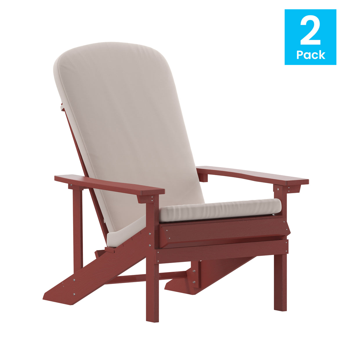 Red/Cream |#| Indoor/Outdoor Red Adirondack Chairs with Cream Cushions - Set of 2